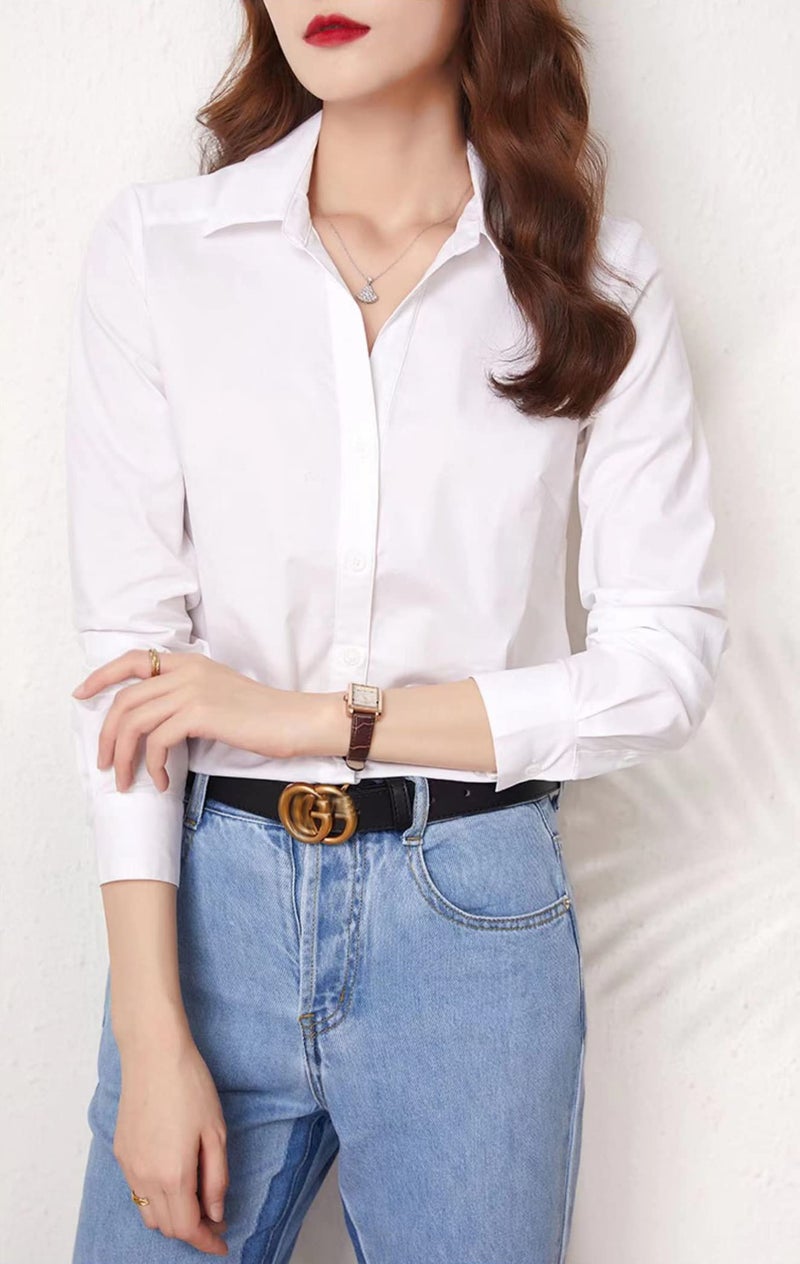 Beninos Long Sleeve V Neck Office Formal Casual Button Down Shirt Blouse for Women (686 White, S) - Image 3